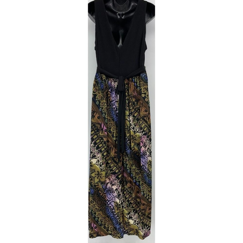 Connected Apparel Women Dress Size 14 Black Boho Print Beaded V Neck Sleeveless - Picture 4 of 7